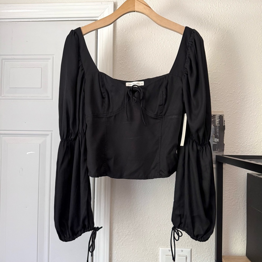 NWT LANI THE LABEL black tencel square puff long peasant cropped blouse top‎